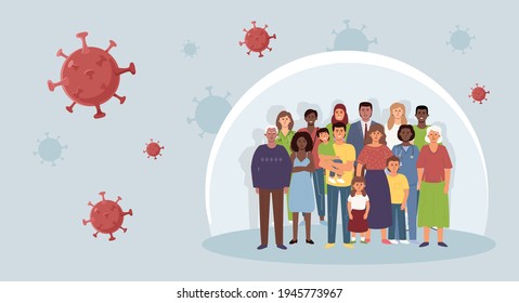 A group of diverse people in a bubble. The concept of collective immunity from coronavirus, controlling the spread of the epidemic.