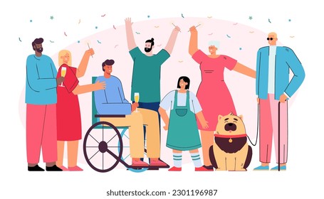 Group of diverse people celebrating birthday or holiday. Big family, happy men with disability, Caucasian and African American persons vector illustration. Diversity, inclusion, community concept