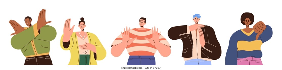 Group of diverse people character showing refusal sign with negative emotions vector illustration. Cartoon man and woman protesting gesturing thumbs down, disagree, dislike and stop crossing hands