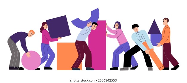 Grupo de diversas pessoas colaborando carregando formas geométricas coloridas, estilo gráfico plano, isolado no fundo branco. Conceito de trabalho em equipe e unidade. Ilustração de vetor plano