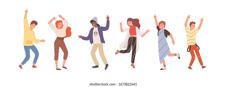 Grupa różnorodnych ludzi tańczących izolowanych na białym. Zestaw szczęśliwego pozytywnego mężczyzny i kobiety bawiących się na imprezie lub festiwalu muzycznym płaskiej ilustracji wektorowej. Kolorowa osoba na parkiecie w klubie nocnym