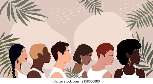 group of diverse people from different ethnic backgrounds are standing together. all people are equal. flat illustration with flowers and leaves.