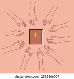 A group of diverse people from different ethnic backgrounds gather around a Bible, showing unity in faith. The hands reach towards the holy book with a golden cross on the cover, symbolizing devotion 