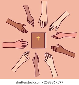 A group of diverse people from different ethnic backgrounds gather around a Bible, showing unity in faith. The hands reach towards the holy book with a golden cross on the cover, symbolizing devotion 