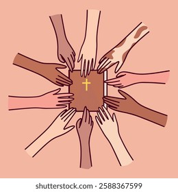 A group of diverse people from different ethnic backgrounds gather around a Bible, showing unity in faith. The hands reach towards the holy book with a golden cross on the cover, symbolizing devotion 