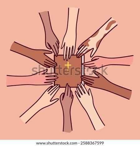 A group of diverse people from different ethnic backgrounds gather around a Bible, showing unity in faith. The hands reach towards the holy book with a golden cross on the cover, symbolizing devotion 