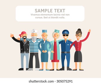 Group of Diverse People in Different Occupations Standing Close to Each Other and Smiling. Flat Design Vector Illustration