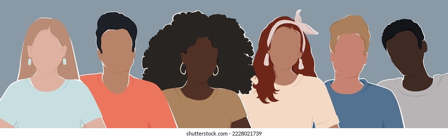 Un grupo de gente diversa con diferentes colores de piel se mantienen unidos. Todas las personas son iguales. Ilustración vectorial plana moderna en colores de moda.