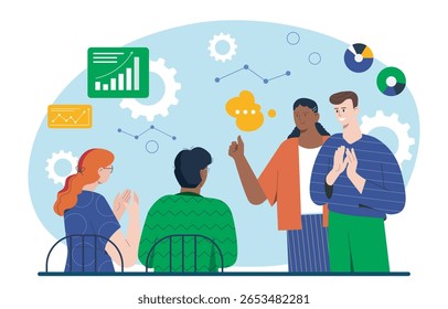 Grupo de personas diversas que discuten datos y análisis, estilo gráfico plano, con gráficos abstractos y engranajes sobre fondo azul, concepto de trabajo en equipo y estrategia de negocios. Ilustración vectorial