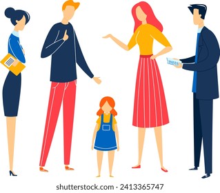 Group of diverse people discussing together, businessman holding documents, casual and formal attire, child present. Workplace and family unity vector illustration.