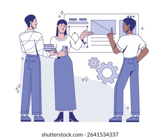 Group of diverse people discussing user interface elements, flat graphic style, white background, concept of teamwork and digital collaboration. Vector illustration