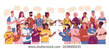 Group of diverse people engaged in conversation and debate with speech bubbles above their heads. Multicultural crowd illustration. Vector illustration for communication, education, or web design.