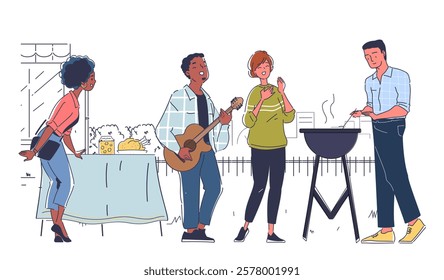 Group of diverse people enjoying a barbecue, with one playing guitar and others interacting. Flat illustration on a white background. Concept of social gathering. Vector illustration.