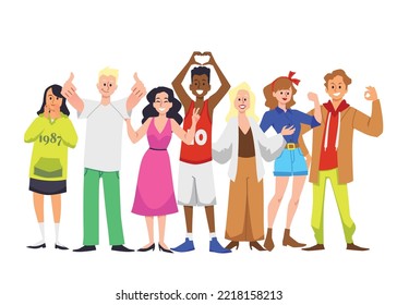 Group of diverse people expressing positive emotions, flat vector illustration isolated on white background. People showing thumbs up, hand heart, peace sign, ok sign and clenched fist.