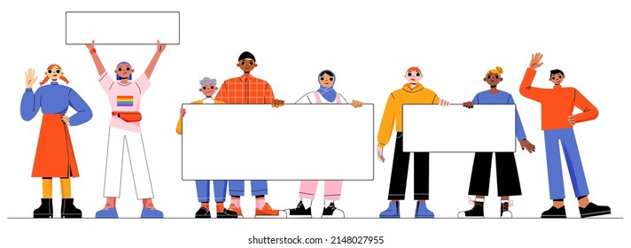 Group of diverse people holding blank banners and placards. Concept of multiracial community, protest demonstration. Vector flat illustration of multicultural characters with white posters