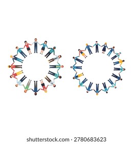 Group of diverse people holding hands in circles vector set
