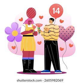 Group of diverse people holding hearts around a large wrapped gift box, flat cartoon style, with abstract leaves background. Concept of giving and unity. Vector illustration