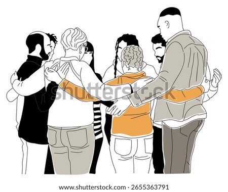 A group of diverse people hugging each other, symbolizing unity, empathy, and support. Hand drawn colored sketch style illustration, isolated on white background. Ideal for community and care concepts