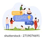 Group of diverse people interacting with large chat bubbles featuring question mark and lightbulb icons, symbolizing online communication, support, and knowledge sharing isolated vector illustration