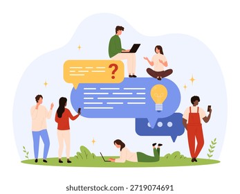 Grupo de personas diversas que interactúan con Grandes burbujas de chat con signos de interrogación e íconos de bombillas, que simbolizan la comunicación en línea, la Asistencia y el intercambio de conocimientos Ilustración vectorial aislada