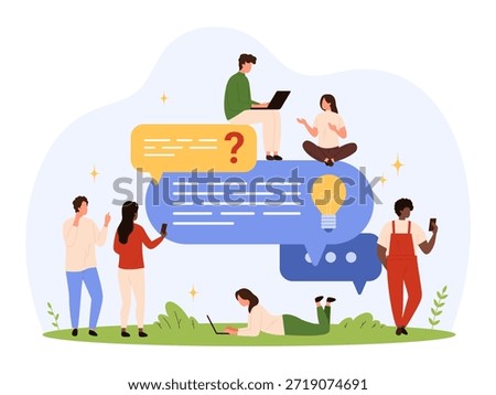 Group of diverse people interacting with large chat bubbles featuring question mark and lightbulb icons, symbolizing online communication, support, and knowledge sharing isolated vector illustration