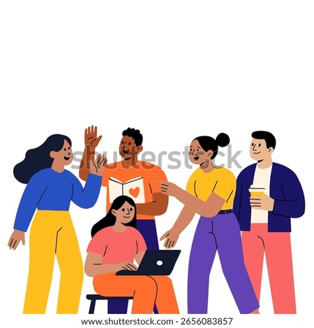 Group of diverse people interacting, smiling and working together, modern flat vector illustration