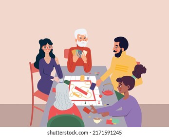 Group of diverse people joined with happiness while playing board game. Elderly people playing board game at nursing home. Vector illsutration