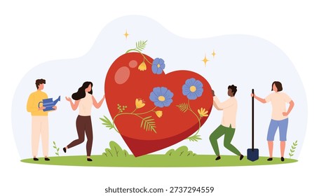 Group of diverse people nurturing a giant heart with blooming flowers, symbolizing charity, kindness, teamwork, and positive feedback in a flat style isolated vector illustration