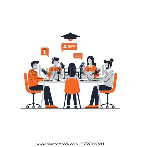 Group of diverse people in orange and gray clothing having intellectual conversation using microphones and laptops in professional audio environment.