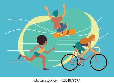 Group of diverse people performing sport activities. cycling, running, skateboarding in vector illustration