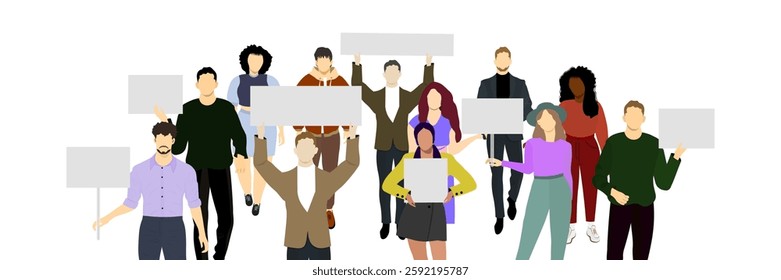 Group of diverse people at picket, advertising, protest, demonstration, revolution, meeting concept. Cartoon style characters. Vector illustration Not AI generated