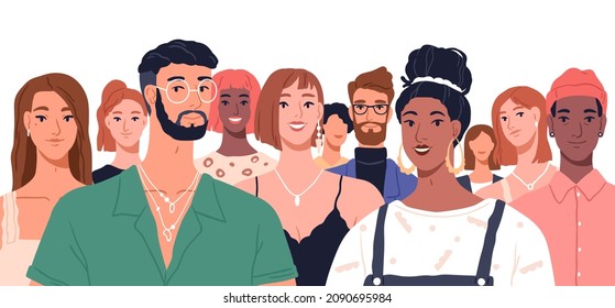 Group of diverse people portrait. Happy young different men and women together. Crowd of international youth. Diversity and unity concept. Flat vector illustration isolated on white background