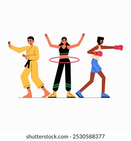 Grupo de diversas pessoas praticando artes marciais, hula hooping e boxe em ilustração vetorial plana simbolizando aptidão, saúde e atividade física, isolados sobre fundo branco.