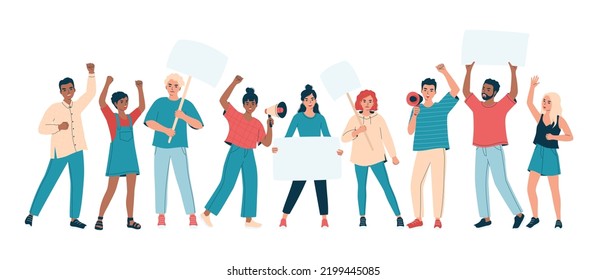 Group Of Diverse People Protesting With Placard, Banner, Megaphone. Angry Men And Women On Picket Or Strike. Activists, Peaceful Rights Demonstration, Manifestation. Isolated Flat Vector Illustration