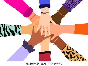 Group Of Diverse People Putting Hands Together. Concept Of Equality, Support, Partnership, Community, Teamwork, Social Movement And Friendship. Strong Together. Flat Vector Illustration