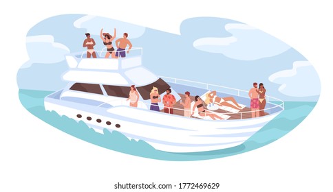 Group of diverse people relaxing on cruise yacht at ocean vector illustration. Man and woman dancing, sunbathing, drinking cocktails isolated. Friends resting on ship. Concept of travel and vacation