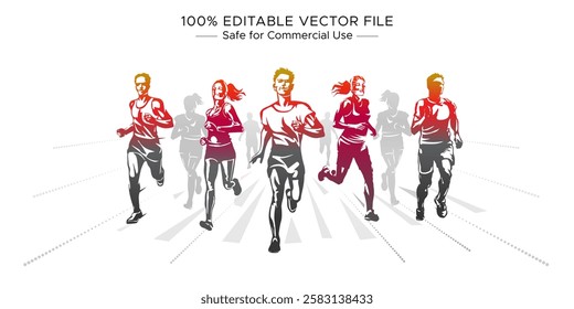 Group of diverse people running drawing, sports player, athletes running vector illustration. Sports day, marathon, walkathon winning competition.