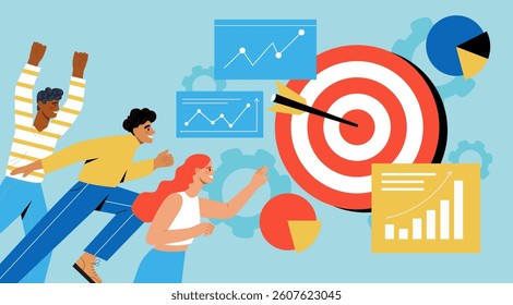 Group of diverse people running toward a red dartboard target, surrounded by graphs and pie charts on a light blue background. Concept of goal achievement. Vector illustration