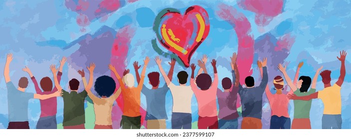 Group of diverse people seen from behind with hands raised. Charitable donation and volunteer work. Support and assistance. People diversity. Multicultural community. NGO. Aid. Nonprofit