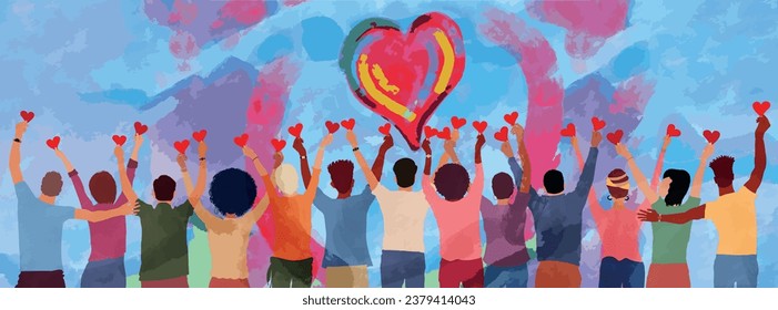 Group of diverse people seen from behind with hands raised holding a heart. Charitable donation and volunteer work. Support and assistance. People diversity. Community.NGO.Aid.No profit