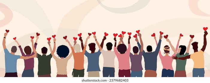 Group of diverse people seen from behind with hands raised holding a heart. Charitable donation and volunteer work. Community.NGO.Aid.Non profit.Support and assistance. People diversity
