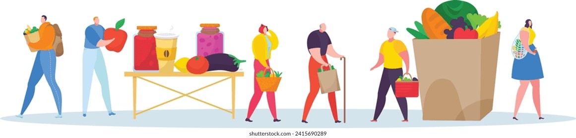 Group of diverse people shopping for healthy food, carrying fruits and vegetables. Fresh produce market concept with happy customers. Healthy eating and organic food choice vector illustration.