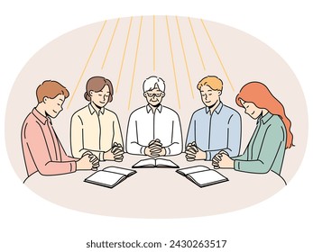 Group of diverse people sit at table praying together. Men and women engaged in prayer ask god for fate and fortune. Faith and religion. Vector illustration.