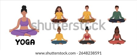Group of diverse people are sitting in lotus position meditating peacefully, shown in a clean vector style against a white background for wellness and fitness promotion.