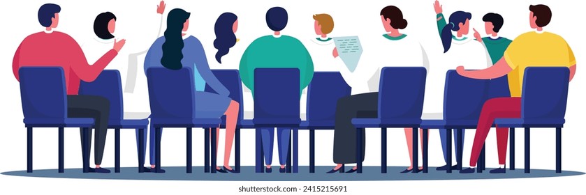 Group of diverse people sitting in a meeting, audience participation, presenting report. Business meeting, team discussion, interactive workshop vector illustration.