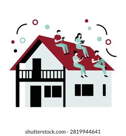 Group of diverse people sitting on a house roof interacting with mobile devices and tablets. Modern lifestyle concept representing digital connectivity and remote work.