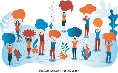 Group of diverse people with speech bubble. Crowd talking. Communication and sharing. Social network. Share ideas. Multi-ethnic people who talk and socialize and communicate. Solidarity