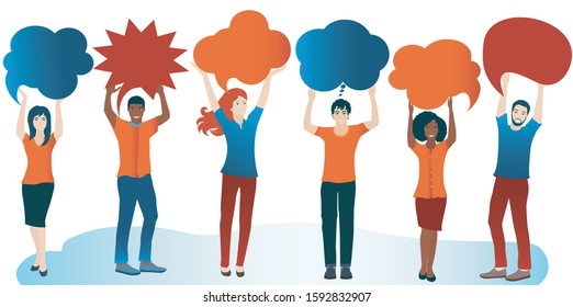 Group of diverse people with speech bubble. Communication and sharing. Crowd talking. Social network. Share ideas. Multi-ethnic people who talk and socialize and communicate. Solidarity
