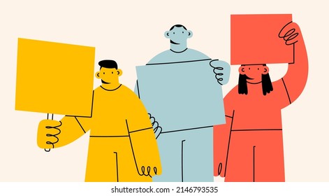 Group of diverse people standing and holding blank empty Banners or Placards. Advertising, protest, demonstration, revolution, meeting concept. Cartoon characters. Hand drawn Vector illustration - Shutterstock ID 2146793535