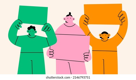 Group of diverse people standing and holding blank empty Banners or Placards. Advertising, protest, demonstration, revolution, meeting concept. Cartoon characters. Hand drawn Vector illustration